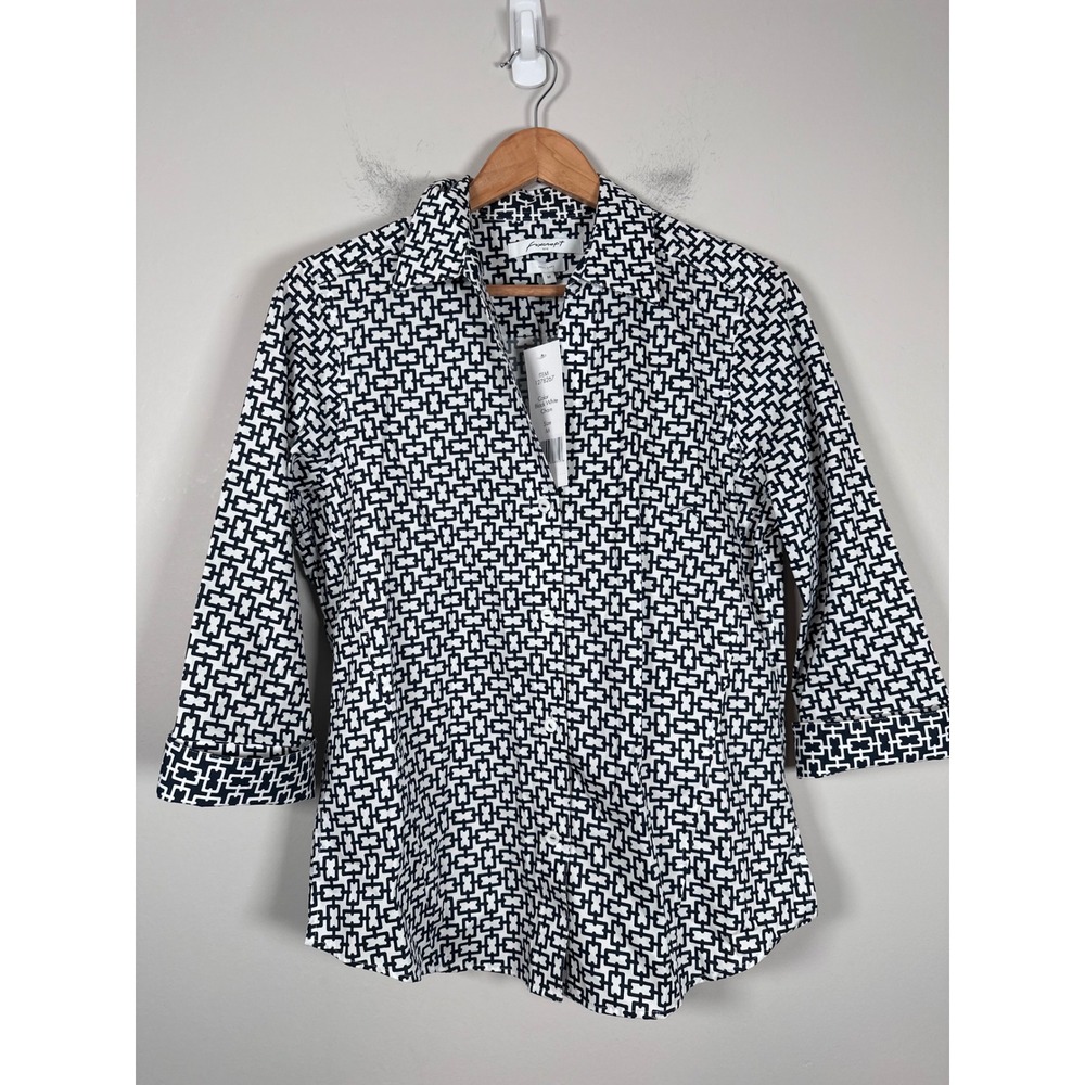 Foxcroft Button Up Shirt Women M Black White Chain Geometric Preppy